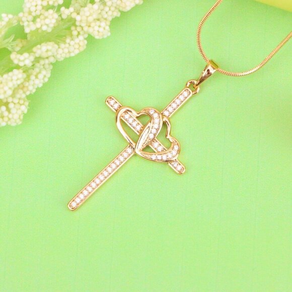 "Cross Pendant with Interlocked Hearts & Crystals, XPPT1569 - Picture 9 of 12